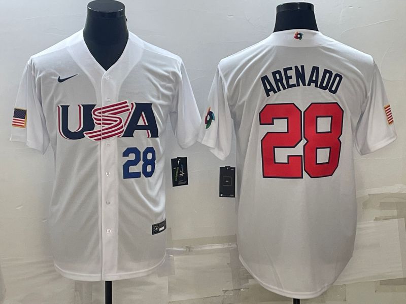 Men 2023 World Cub USA #28 Arenado White Nike MLB Jersey1